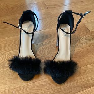 Black Fluffy Block Heels